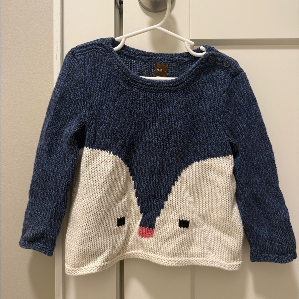 Tea Collection Size 3 Woven Blue and White Penguin Sweater